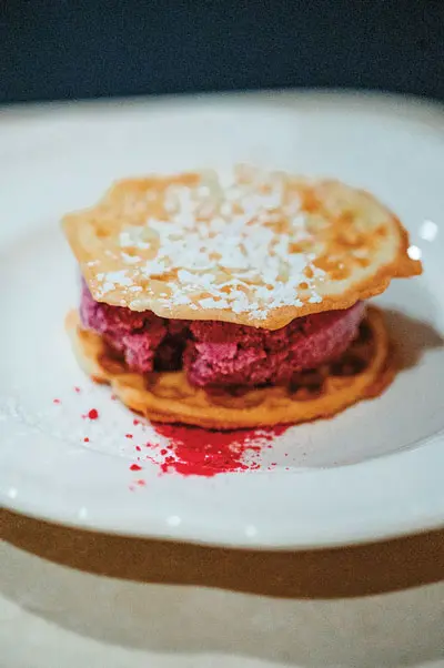 blackberry-buttermilk ice
cream between two pizzelle at Watershed Wood-Fired Kitchen in Bethel, Maine