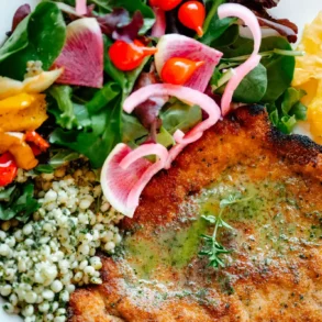 Pork Milanese and pasta Aglio e Olio at the Watershed Wood-Fired Kitchen in Bethel, Maine